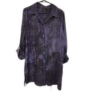 JNY Jones New York Tunic Top Button Linen Blue XL Long Roll Tab Sleeve Slits